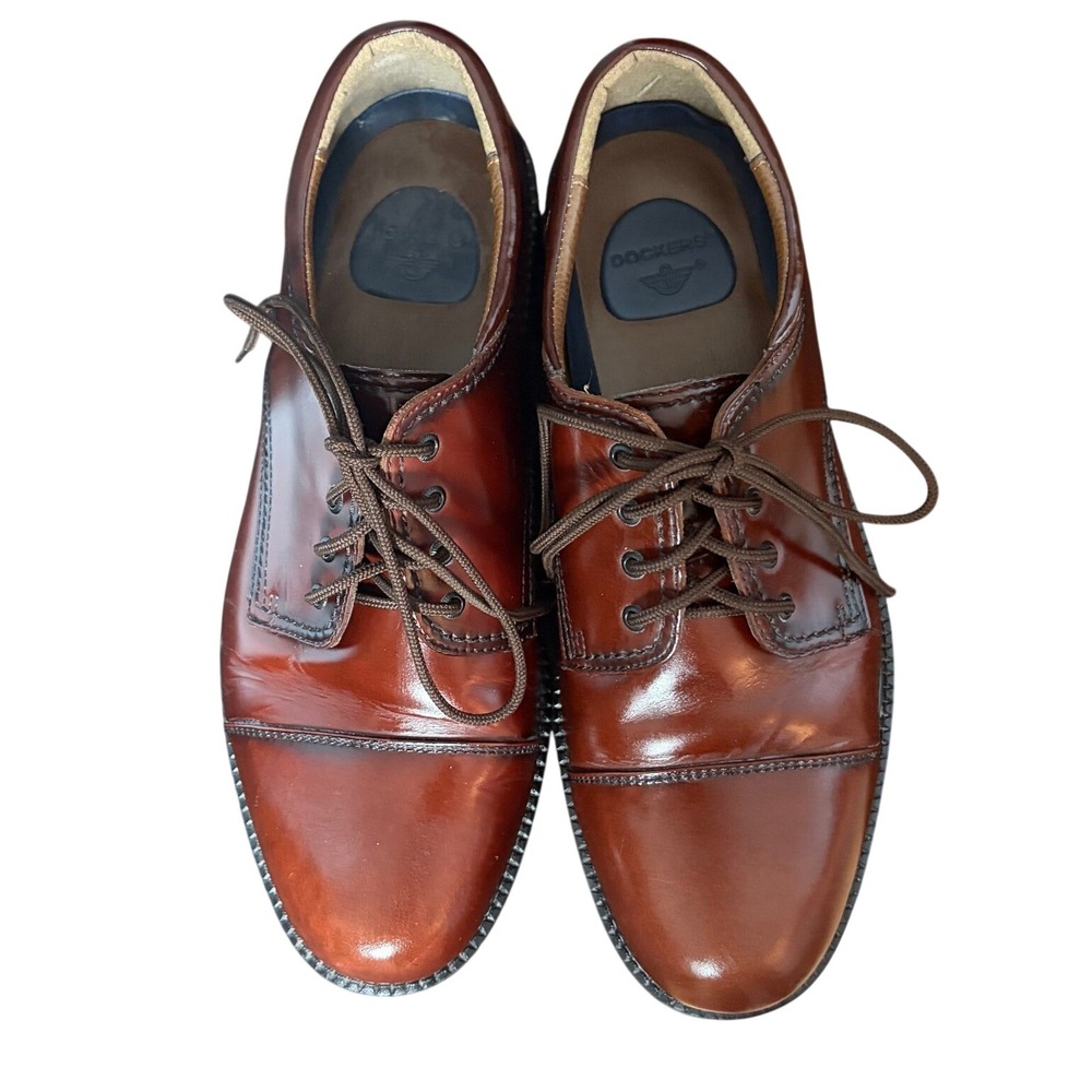 Dockers Mens Cognac Brown Leather Cap Toe Oxford Dress Shoes Size 11W Preppy
